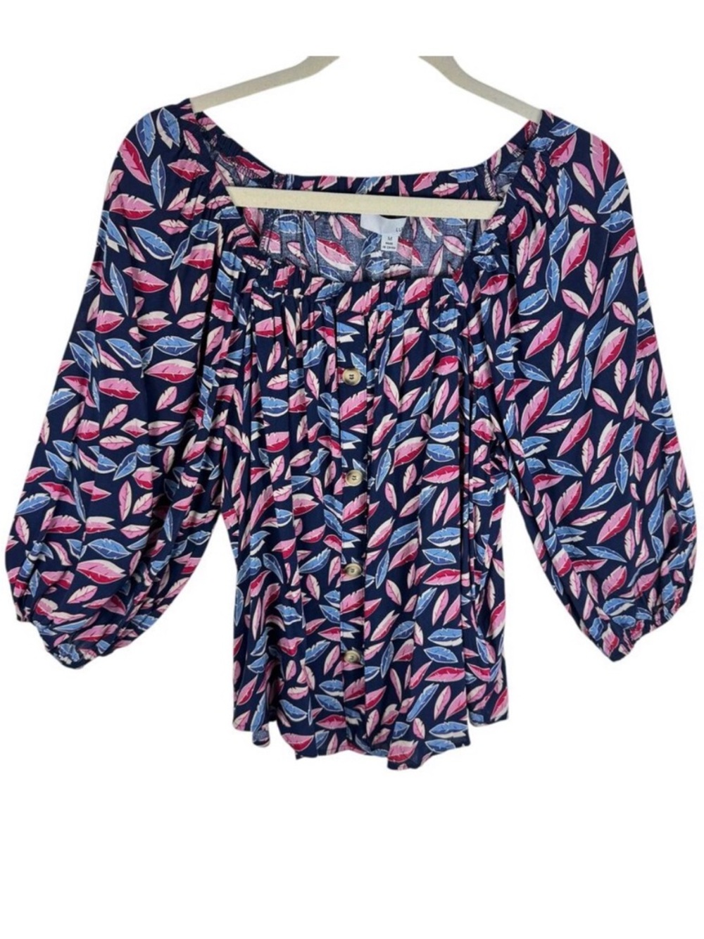 Luukse Navy Colorful Leaf Print 3/4 Balloon Sleeve Square Neck Light Blouse M